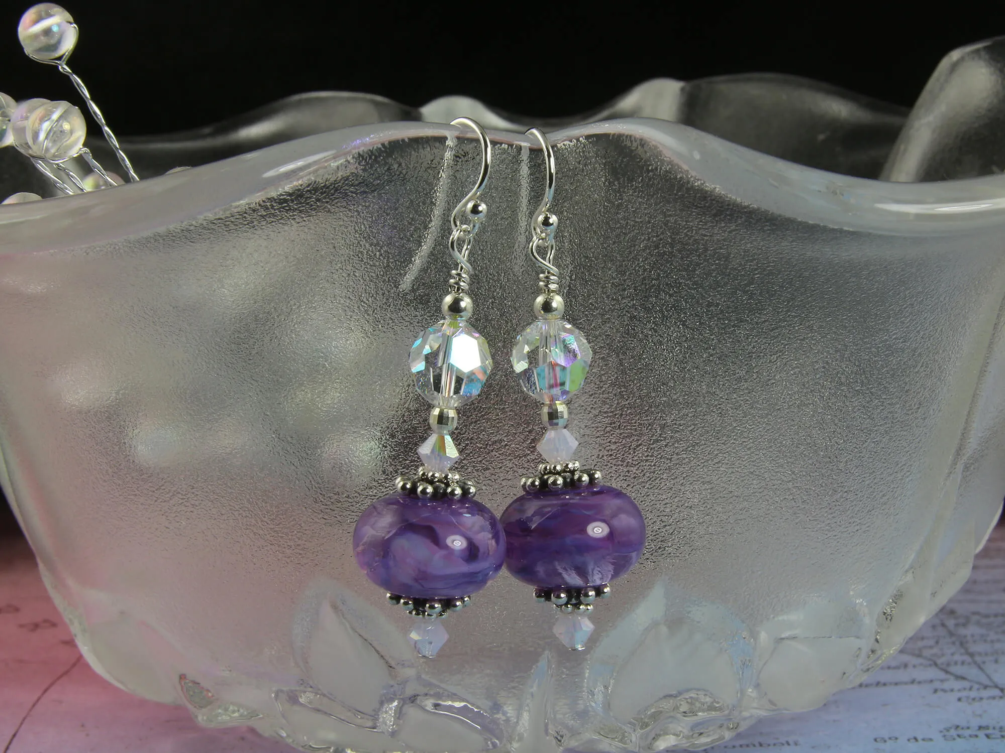 Orchid Purple Swirl Lampwork Earrings