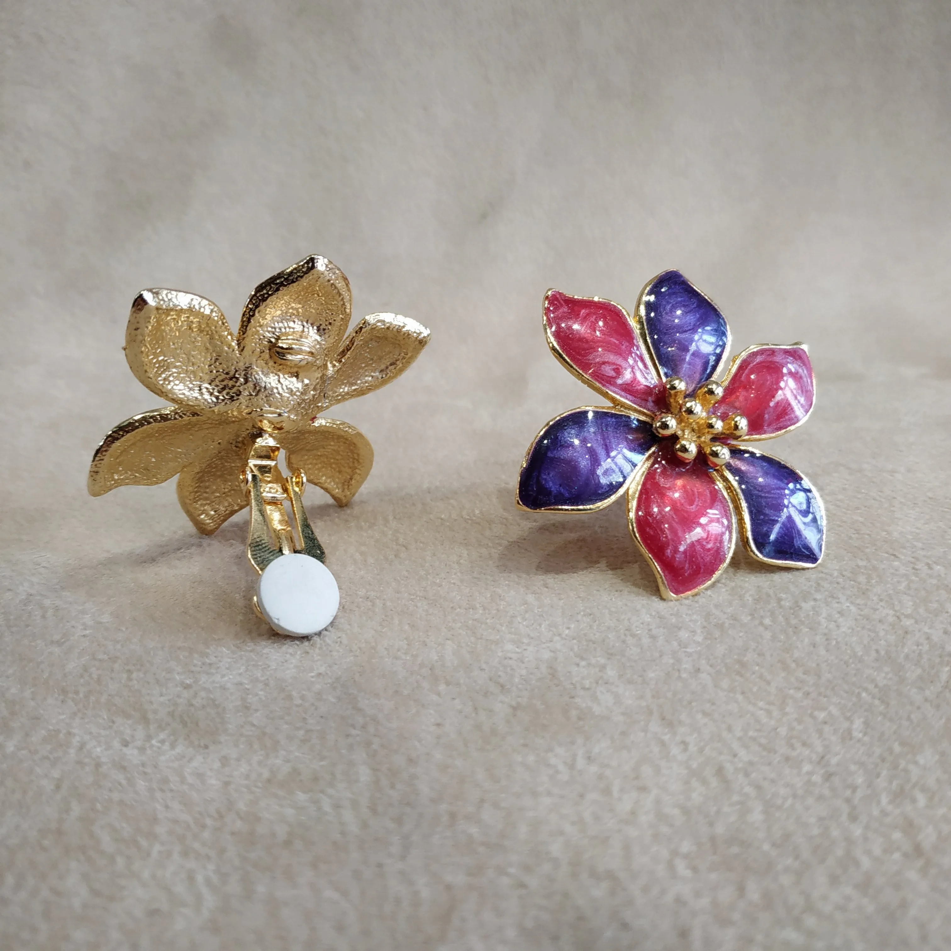 Pink Purple Vintage Enamel Flower Earrings