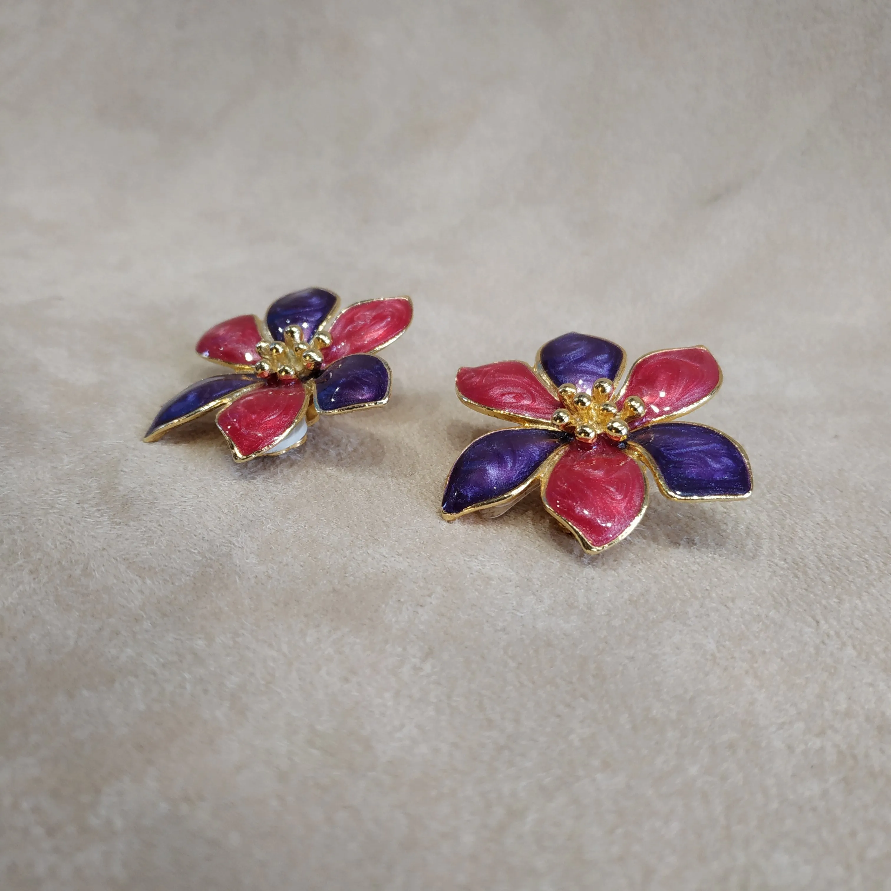 Pink Purple Vintage Enamel Flower Earrings