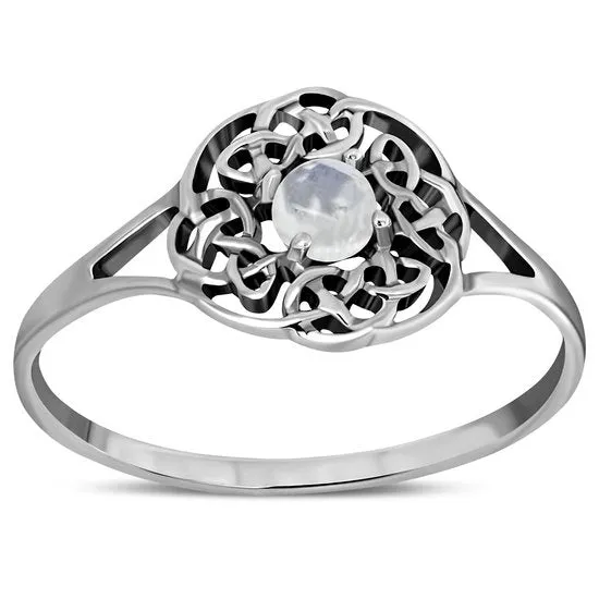 Round Delicate Celtic Rainbow Moon Stone Silver Ring