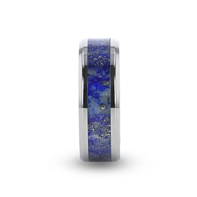 Thorsten MALONE Titanium Men's Wedding Ring with Blue Lapis Inlay & Beveled Edges - 8mm