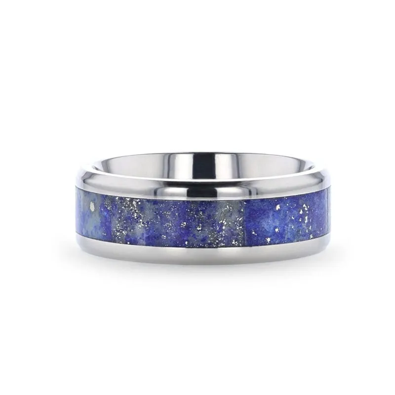 Thorsten MALONE Titanium Men's Wedding Ring with Blue Lapis Inlay & Beveled Edges - 8mm