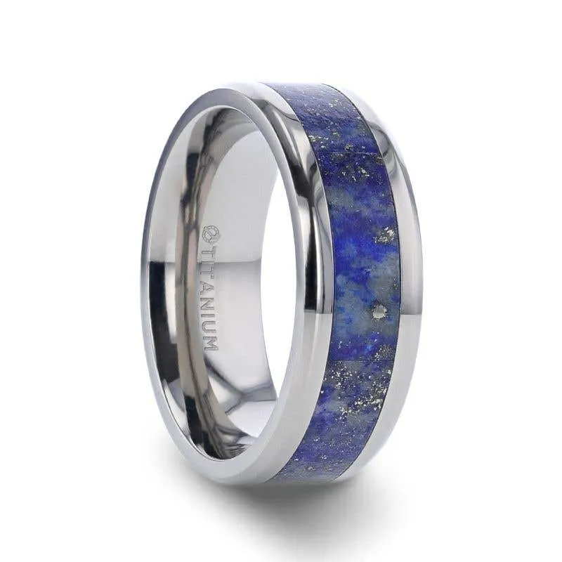 Thorsten MALONE Titanium Men's Wedding Ring with Blue Lapis Inlay & Beveled Edges - 8mm