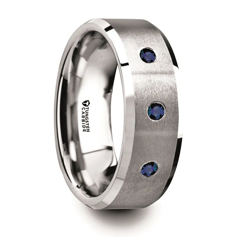 Thorsten Nautilus Tungsten Satin Finished Center Polished Beveled Edges Wedding Band w/ 3 Blue Sapphires (8mm) T5980-BPBS