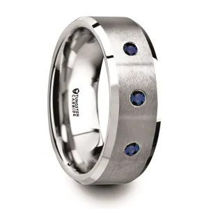 Thorsten Nautilus Tungsten Satin Finished Center Polished Beveled Edges Wedding Band w/ 3 Blue Sapphires (8mm) T5980-BPBS