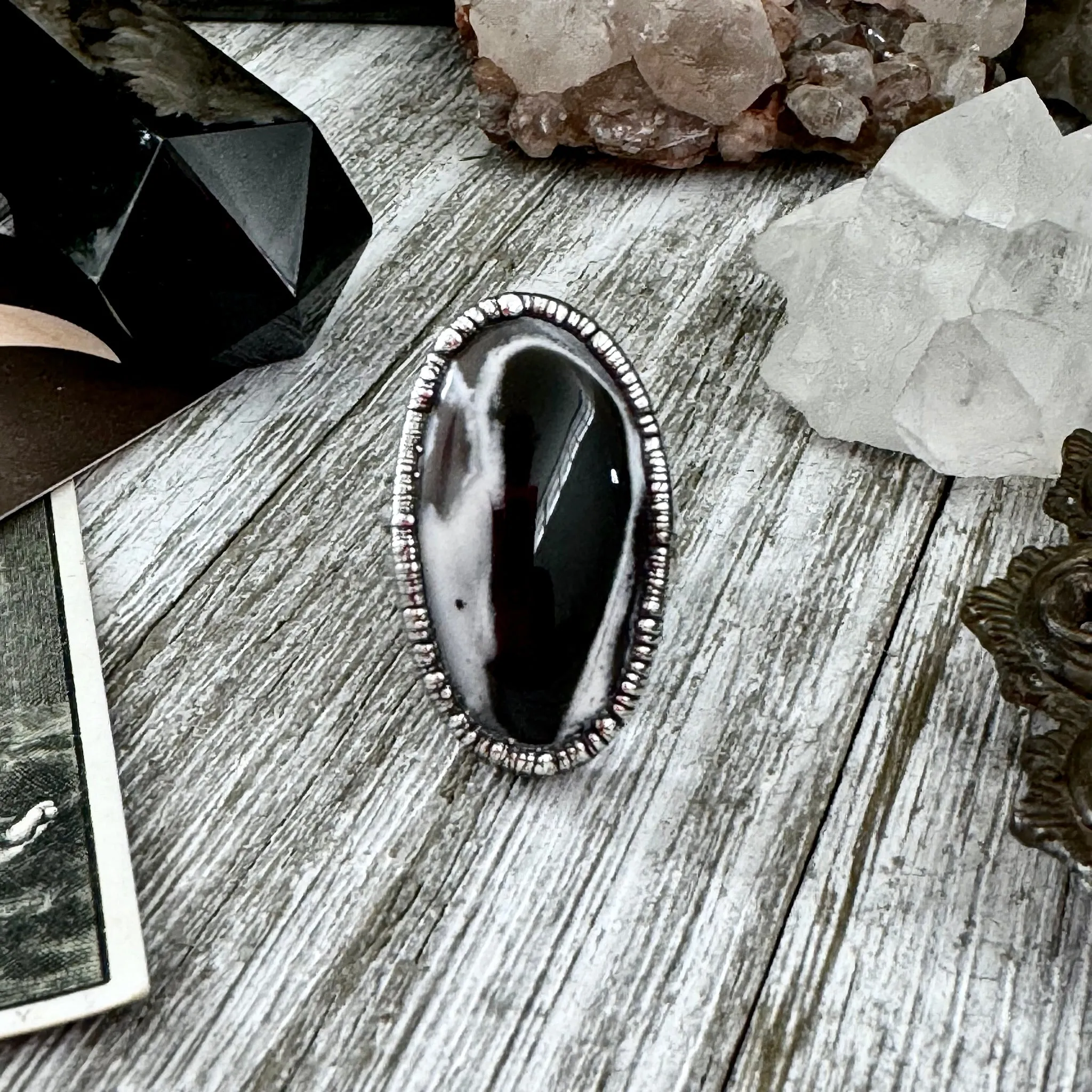 White Black Dendritic Agate Ring Silver Size 8 / Foxlark Crystal Jewelry Collection