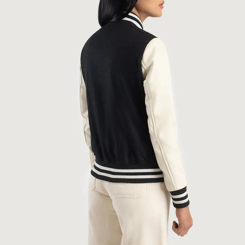 Women's Black & White Leather Hybrid Varsity Biker Jacket