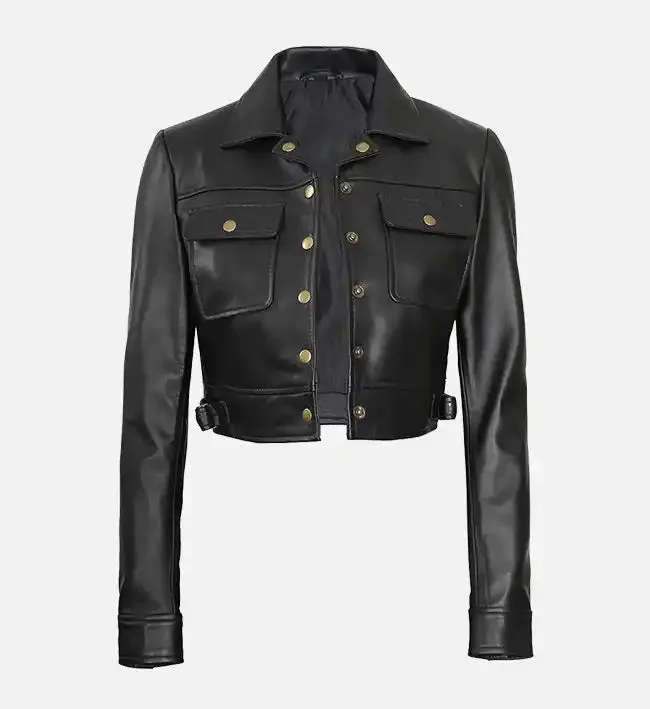 Women’s Black Cropped Leather Trucker Jacket