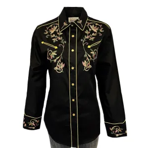 Women's Black Vintage Variegated Floral Embroidery