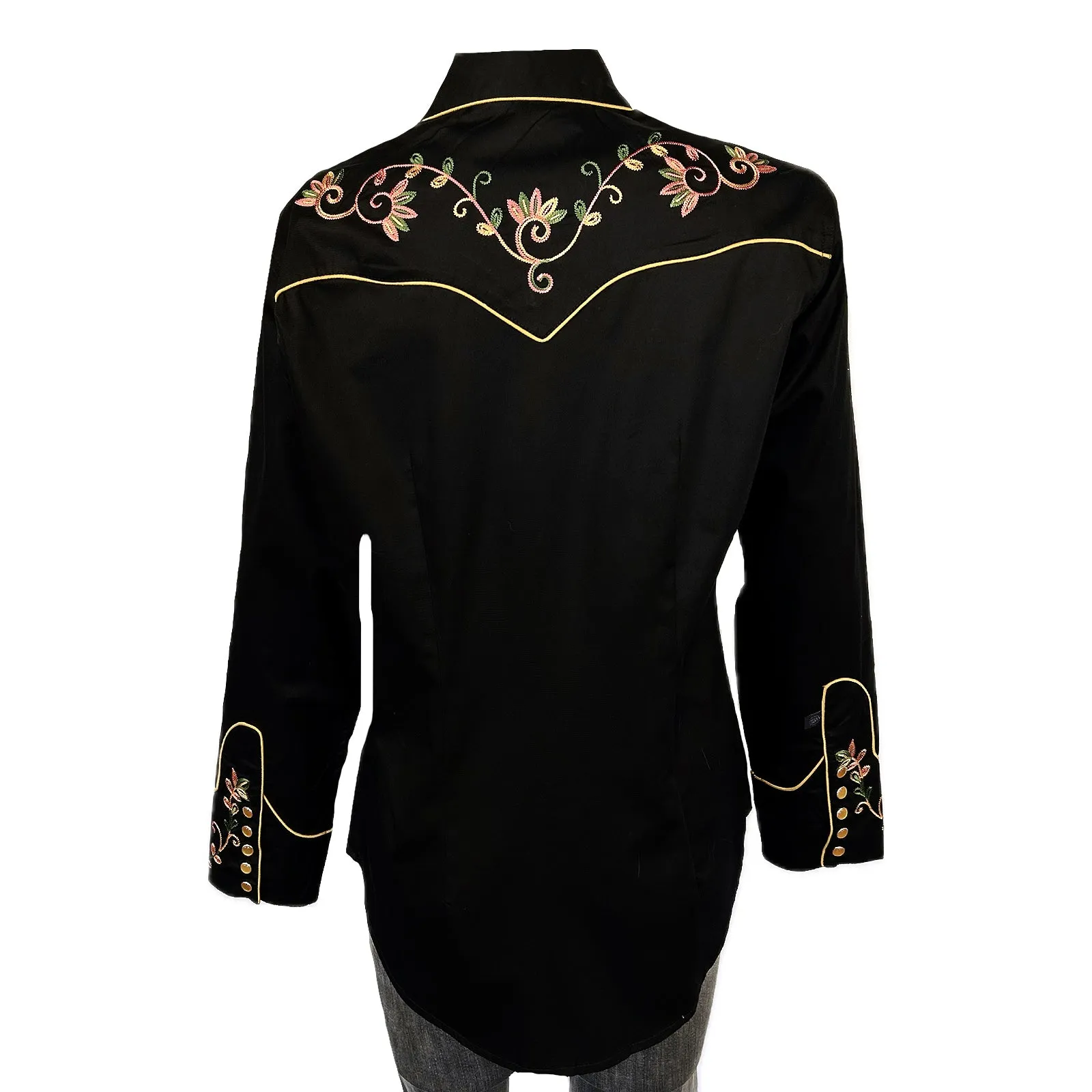 Women's Black Vintage Variegated Floral Embroidery