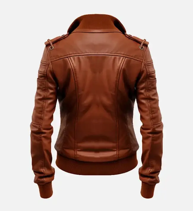 Women's Brown Leather Bomber Jacket