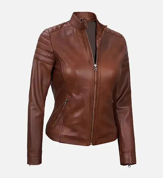 Women's Cafe Racer Brown Padded Leather Jacket