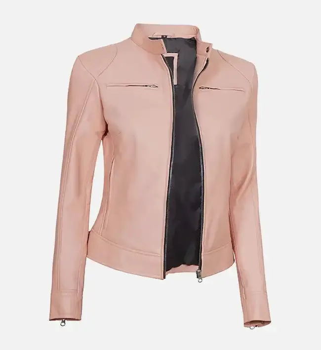 Women's Light Pink Cafe Racer Leather Jacket