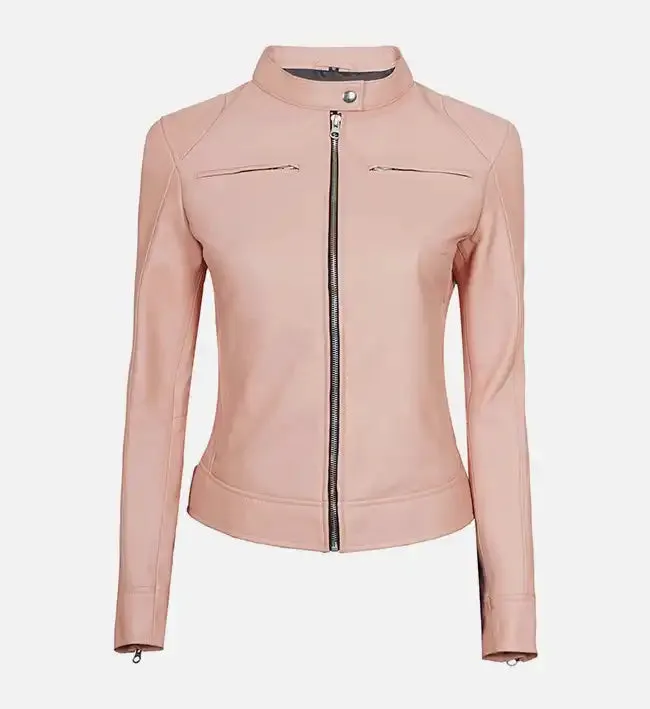 Women's Light Pink Cafe Racer Leather Jacket