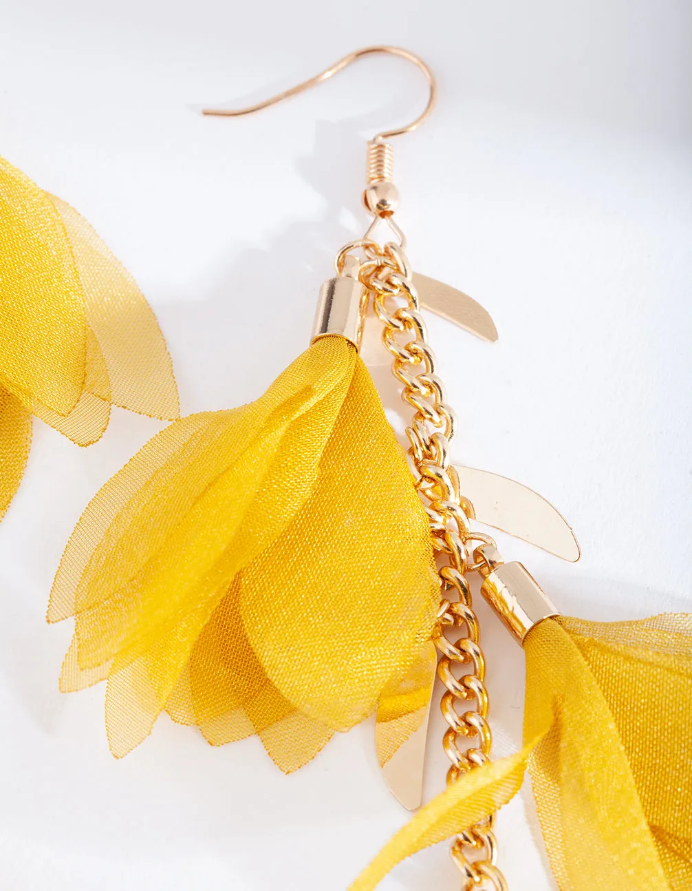 Yellow Fabric Flowers Gold Earrings