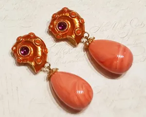 Yosca Seahsell Earrings Clip on Pink Coral Orange Chandelier Vintage