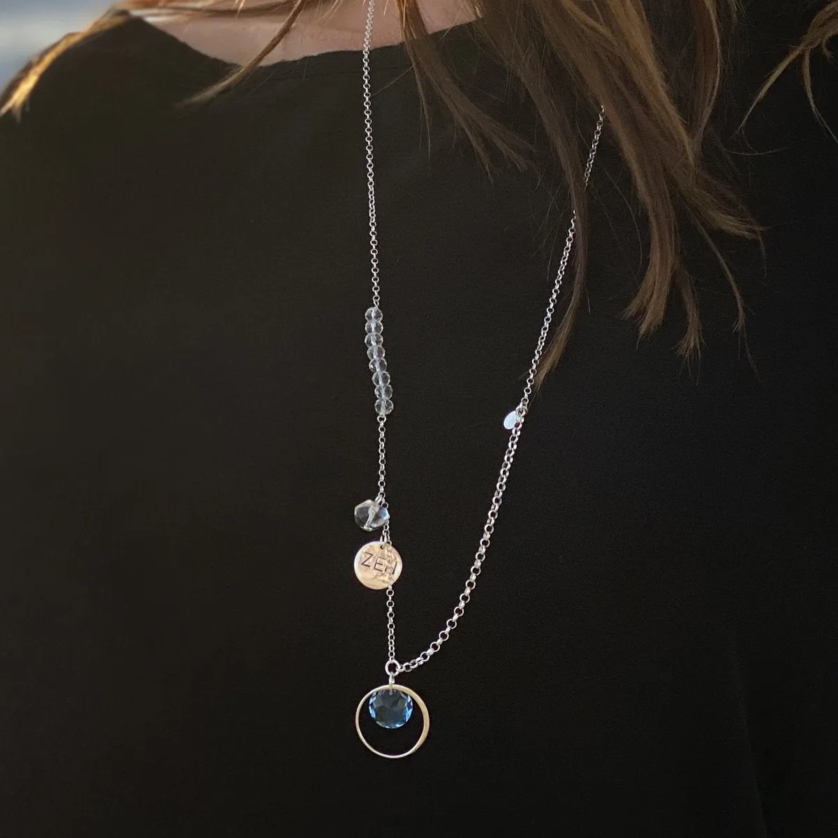 Zen Necklace with Aquamarine Swarowski Crystal to Help Us Look Beyond the Immediate Environment