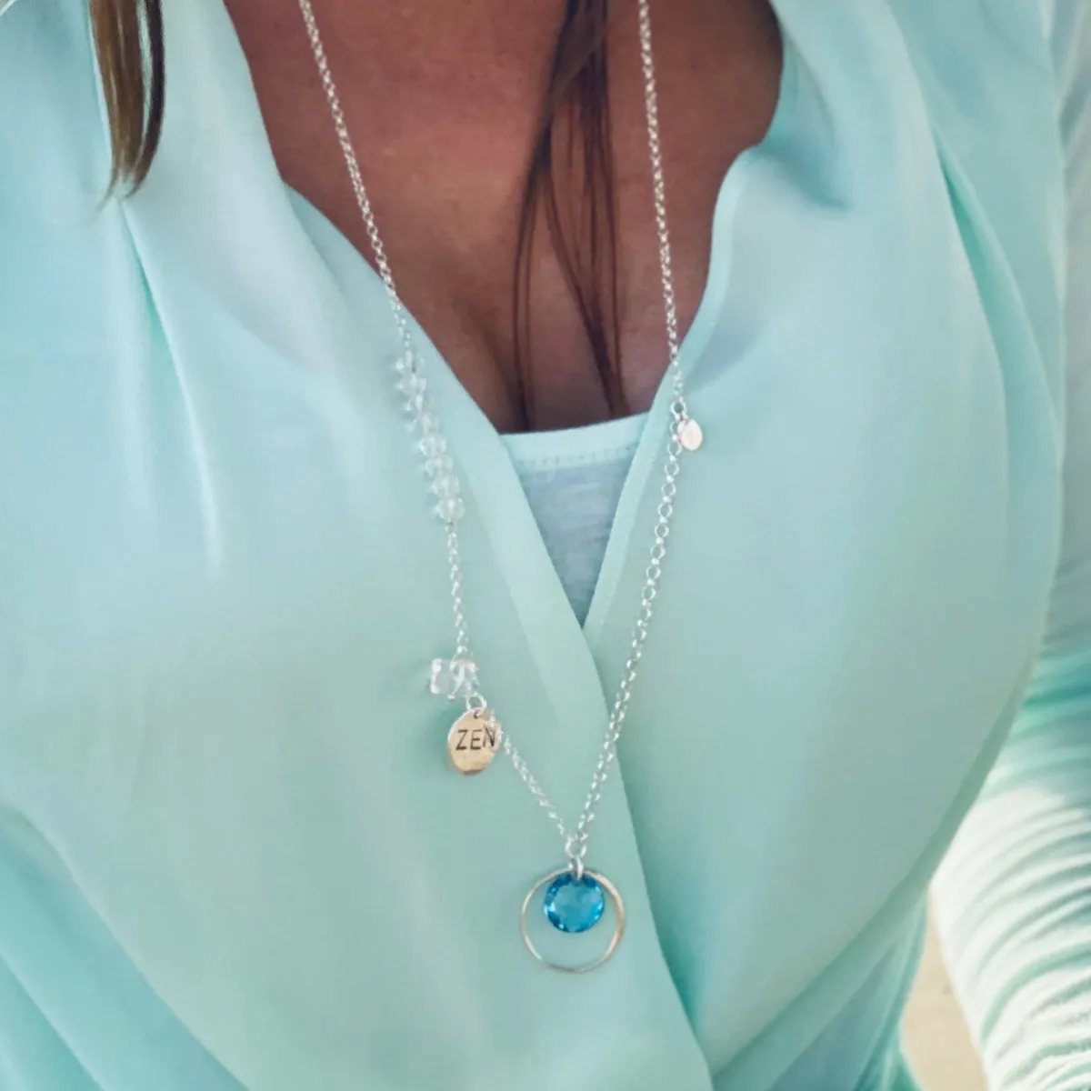 Zen Necklace with Aquamarine Swarowski Crystal to Help Us Look Beyond the Immediate Environment